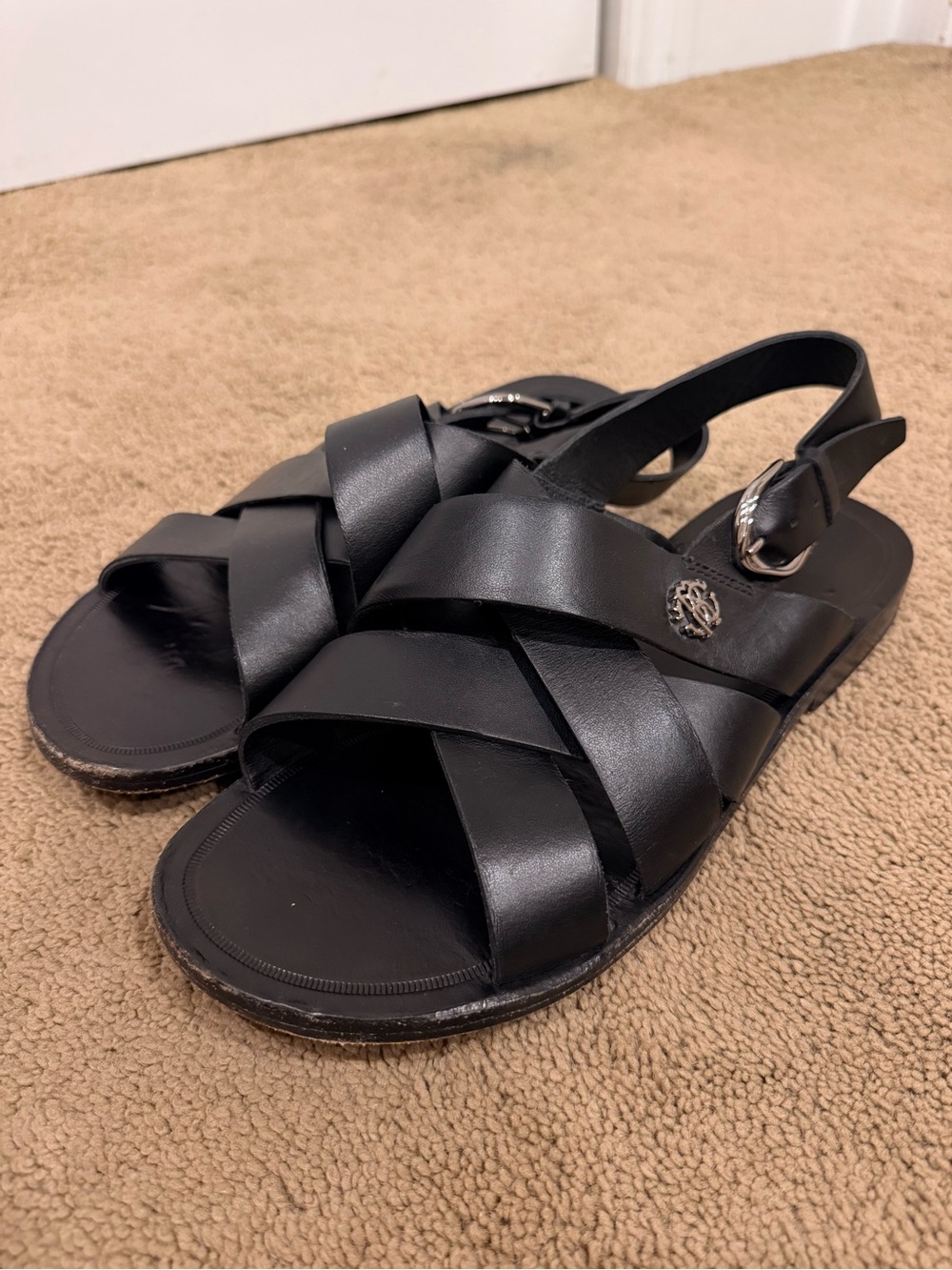 Roberto Cavalli Black Leather Cross-Strap Men's Sandals
